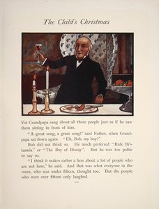 クリスマスの食事でグラスを掲げる男性のイラスト。 作： Charles Robinson