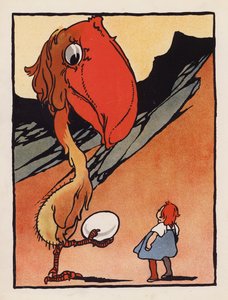 ナンセンス：卵を抱いた奇妙な鳥を持つ少年（カラーリトグラフ） 作： Charles Robinson
