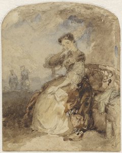 本を手に、木の下のベンチに座っている女性 作： Charles Rochussen