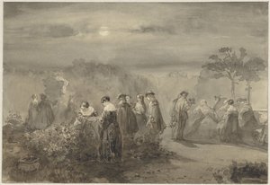 バラの茂みのある月明かりに照らされたコートでの紳士淑女の会社 作： Charles Rochussen