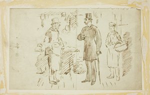 背の高い帽子をかぶった紳士がブッチャーに話しかける 作： Charles Samuel Keene