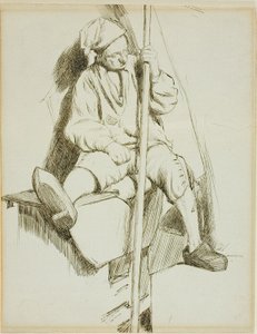 座っている男性、左手に杖を持っている 作： Charles Samuel Keene
