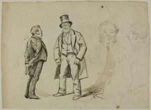 2 人の立っている男性と 2 つの肖像画のスケッチ 作： Charles Samuel Keene