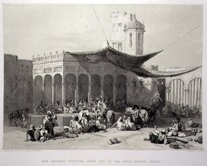 パンジャブ州ジェームス・ダフィールド・ハーディング（1798-1863）が彫刻した『インドの回想』の第12版、ラホールの王宮祭壇で給料を受け取るシーク教徒の兵士たち。 作： Charles Stewart (after) Hardinge