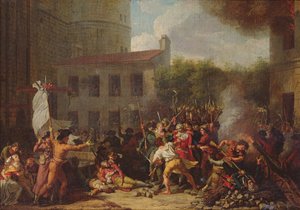 1789 年 7 月 14 日のバスティーユ襲撃とジョセフ ドローネー (1752-94) の逮捕 作： Charles Thevenin