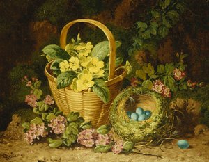 かごの中のサクラソウ、ジャポニカと鳥の巣、 作： Charles Thomas Bale