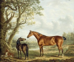 広大な景観の中のハンターとスパニエル、1827年 作： Charles Towne