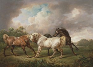 嵐の風景の中の3頭の馬（キャンバスに油彩） 作： Charles Towne