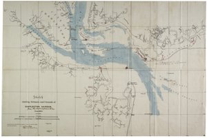 1864年6月、チャールストンハーバーの防御と水路を示すスケッチ（油布のインク） 作： Charles V. Bartelle