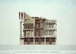 ブリュッセルのパレ・デ・エタッツ・ジェネラルの断面図、ピエール・ジャック・ゲトゲトビュール著「Choix des Monuments, Edifices et Maisons les plus remarquables du Royaume des Pays-Bas」（1827年発行）より（アクアチント）（189230も参照 作： Charles Vander Straeten