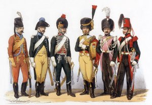 フランス軍のコスチューム：槍騎兵：1745年狩猟兵（ルイ15世時代）、1785年ルイ16世時代、1794年共和制時代、1810年皇帝親衛隊（第一帝政時代）、1824年王宮親衛隊（王政復古時代）、1840年シャルル・ヴェルニエ（1831～1887年）の作図。