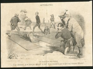 シャルル・ヴェルニエ(？-1887)が「ル・シャリヴァリ」に描いたイラスト - Un oiseleur politique - 共和国大統領、内務大臣 - ティエ・アドルフ、ナポレオン3世、フォーシェ・レオン(1803-1854) - ポートフォリオ 作： Charles Vernier