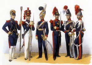 フランス軍の制服：18-19世紀、シャルル・ヴェルニエ（1831-1887年）による国民衛兵（砲兵と騎兵）のエングレーヴィング。 作： Charles Vernier