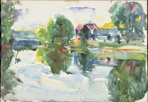 反射、晴れた朝、ニューハンプシャー（紙に水彩） 作： Charles Webster Hawthorne