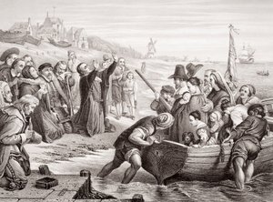 1620年7月、デルフトヘブンからの巡礼者の父親たちの出発、「英語とスコットランドの歴史の図解」第1巻（彫刻） 作： Charles West Cope