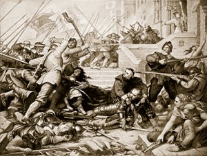 ベージングハウスの防御、1645年、「ハッチンソンのイギリス国民の物語」、1923年頃のイラスト 作： Charles West Cope