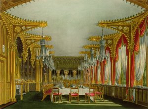 1819年に出版されたトーマスサザーランド（bc1785）によって刻まれた、パインの「ロイヤルレジデンス」のカールトンハウスのゴシックダイニングルーム 作： Charles Wild