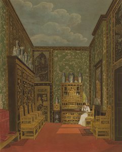 1819年に出版されたウィリアムジェームズベネット（1787-1844）によって刻まれたパインの「ロイヤルレジデンスの歴史」からフロッグモアのグリーンクローゼット 作： Charles Wild