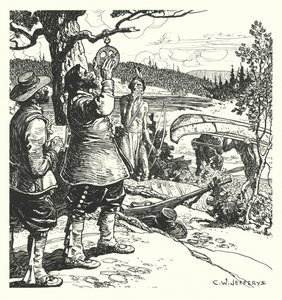 オタワ川でアストロラーベによる観測を行うシャンプラン 作： Charles William (after) Jefferys