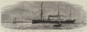HMSスラッシュ、間もなくHRHプリンスジョージオブウェールズ中尉が就任する新しい砲艦 作： Charles William Wyllie