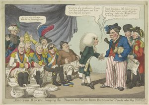 ドクテル・ナポレオンゼット・ド・ヨーロペス・ヴォステン・オプ・デ・ポット、1808年 ドクター・ボニー - 力を鍋に持ち込む、またはジョン・ブルと彼の友人はかなり恥ずかしがり屋です (オブジェクトのタイトル) 作： Charles Williams