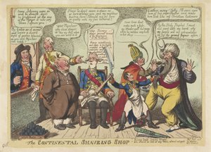 ヨーロッパ列強の理髪師としてのナポレオン、1806 年 コンチネンタル シェービング ショップ (オブジェクトのタイトル) 作： Charles Williams