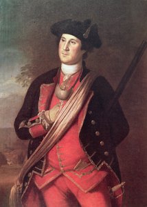 フレンチ＆インディアン戦争（1755-63年）でバージニア州民兵大佐の制服を着たジョージ・ワシントン（カラーリトグラフ版 作： Charles Willson (after) Peale