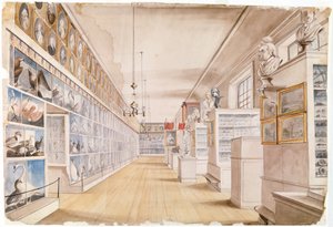 長い部屋、ピールズ博物館の前の部屋の内部、1822年（紙の上のグラファイトの上にトイレ） 作： Charles Willson Peale
