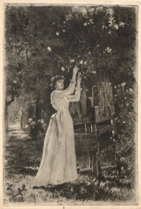 木から花を摘む若い女性 作： Charles Yardley Turner
