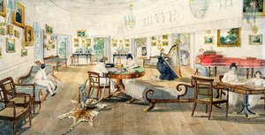 1824年9月11日、インドのパトナにあるアーティストの家の夏の部屋（不織布のグラファイトの上にトイレ） 作： Charles d Oyly