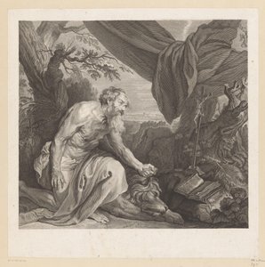 眠っているライオンと十字架を持つジェローム 作： Charles de Beauvais (rejected attribution)
