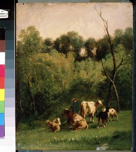 ""landscape"" 牧草地の牛。 シャルル・ド・ルナの絵画 (19世紀) ミハイル・クロシツキー美術館、セヴァストポリ (セヴァストポリ) ウクライナ 作： Charles de Luna