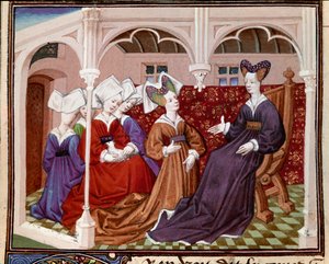 マスター チャールズ オブ メイン 1440-1460 による「騎士トリスタンのロマンス」のミニチュアの仲間と話しているイゾルテ女王 (またはイゾルテ)。 シャンティリー、コンデ美術館 作： Charles du Maine Master