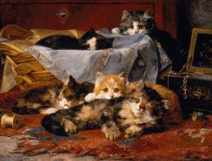 裁縫かごのそばの子猫 (キャンバスに油彩) 作： Charles van den Eycken