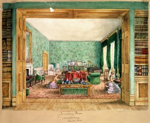 ミーズデンベリーの応接室、f13、An Album of Interiors、1843年（紙、トイレ） 作： Charlotte Bosanquet