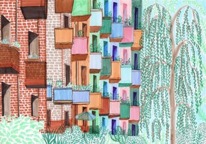 クロイツベルクのバルコニー、2017年（筆ペン） 作： Charlotte Orr