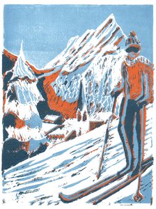 スキー、2015年、linoprint 作： Charlotte Orr