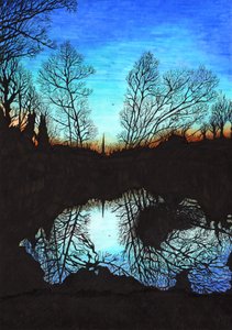セントメアリーズフィールドの夕日、2020年（紙に筆ペン） 作： Charlotte Orr