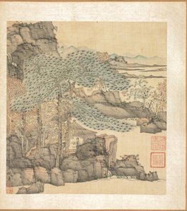 古代の巨匠の後の絵画: 滝のそばの茅葺き小屋で読書する学者 作： Chen Hongshou