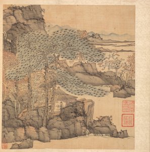古代の巨匠の後の絵画：滝のそばのわらぶき屋根の小屋での学者の読書、1598〜1652年。 作： Chen Hongshou