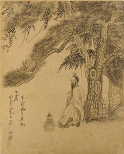 松の下でエリクサーを準備する、清朝、1651年（金の紙にインク） 作： Chen Hongshou