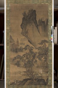 学者は橋の上で会話する（紙に置かれたブロケードシルクにマウントされたシルクにインクと色） 作： Chen Zhou