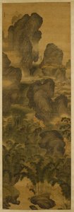 そびえ立つ山々と幻想的な滝、1600年頃（シルクにインクと色） 作： Chenglong Zhang