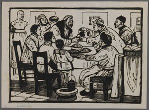 大晦日を祝うために飲み物を飲みましょう、1945年頃（木版画） 作： Chi Kwei Sung