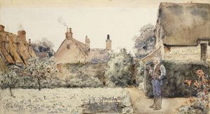 庭で、1889年頃（ボードに置かれた紙に水彩、中国の白、鉛筆） 作： Childe Frederick Hassam