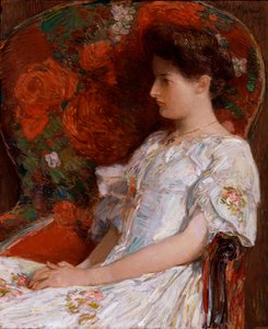 ""The Victorian Chair"" (ビクトリア朝の椅子) チャイルド・ハッサム作 (1859-1935) 薄暗い 76.2x63.5 cm キャンバスに油彩 1906 年 スミソニアン国立博物館 作： Childe Frederick Hassam