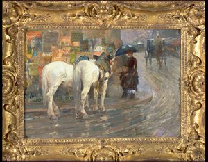 パリのストリートシーン、1889年頃（カートンに油彩） 作： Childe Frederick Hassam