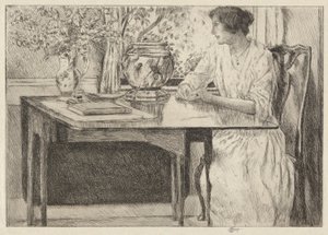 コロニアル テーブル、Cos Cob、1915 年 作： Childe Hassam