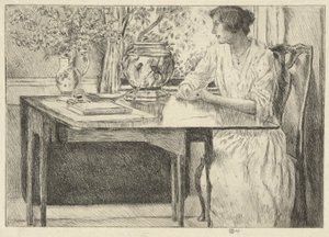 コロニアル テーブル (Holley House、Cos Cob) (直訳); 納屋のある風景 (裏面) 作： Childe Hassam