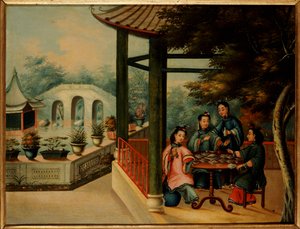19世紀半ば、女性がお茶を飲む中国庭園の風景 作： Chinese School